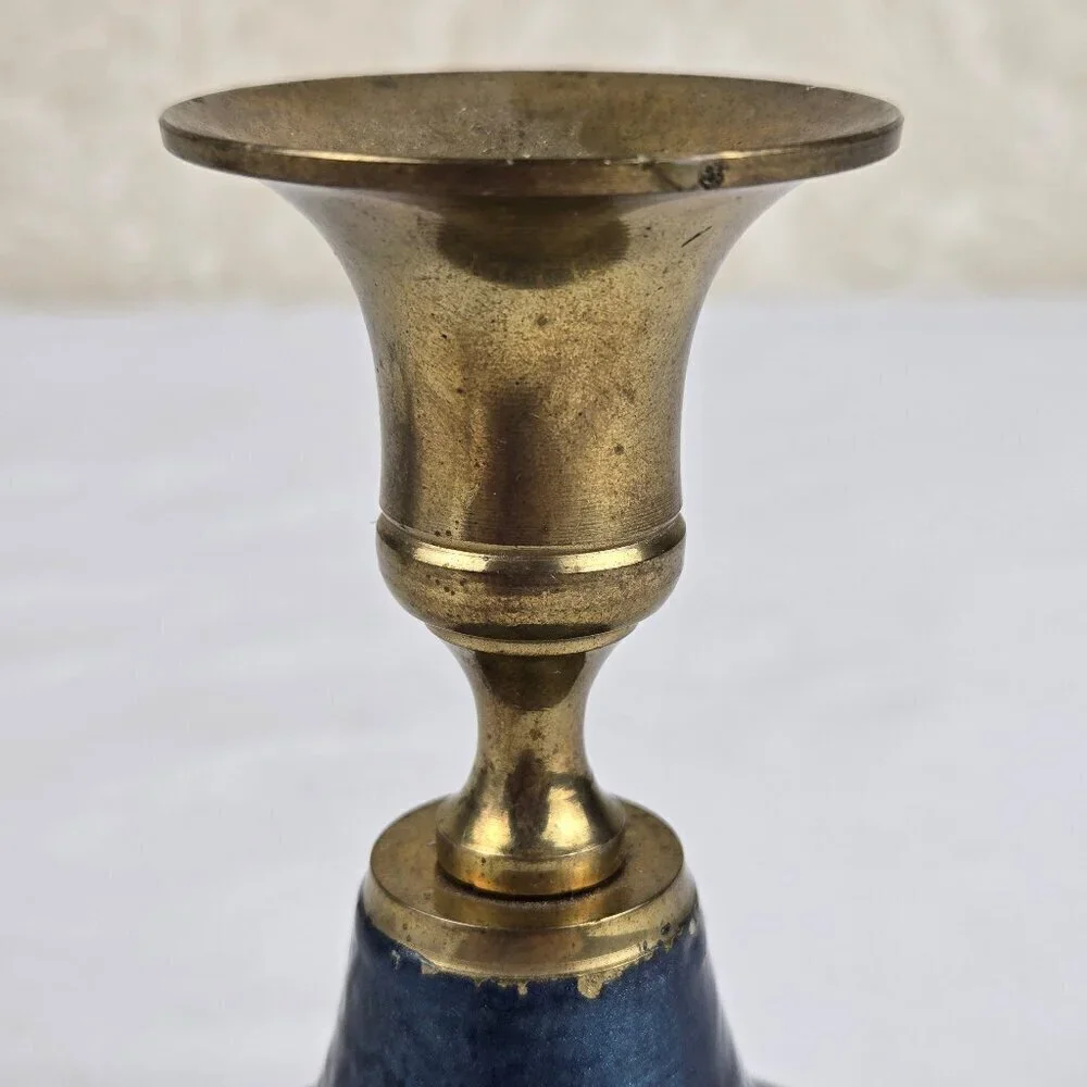 Vintage Persian Enamel on Brass Candlestick Holders Set of 2 Floral Blue Gold